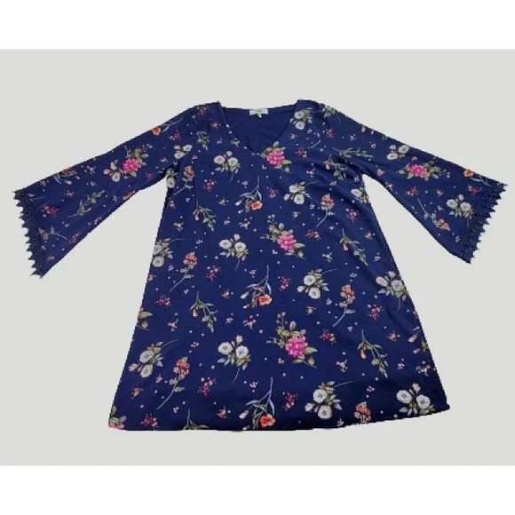 Moa Moa Dress Women Plus 2X Navy Blue Floral Bell Sleeve Lace Trim Lined Boho - Picture 1 of 13